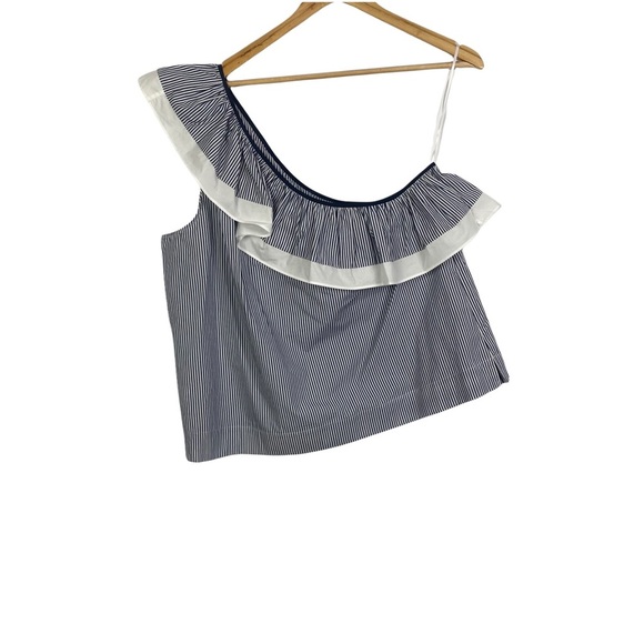 Jcrew one shoulder ruffle top blouse stripe blue and white Size 16 NWT - Picture 4 of 11